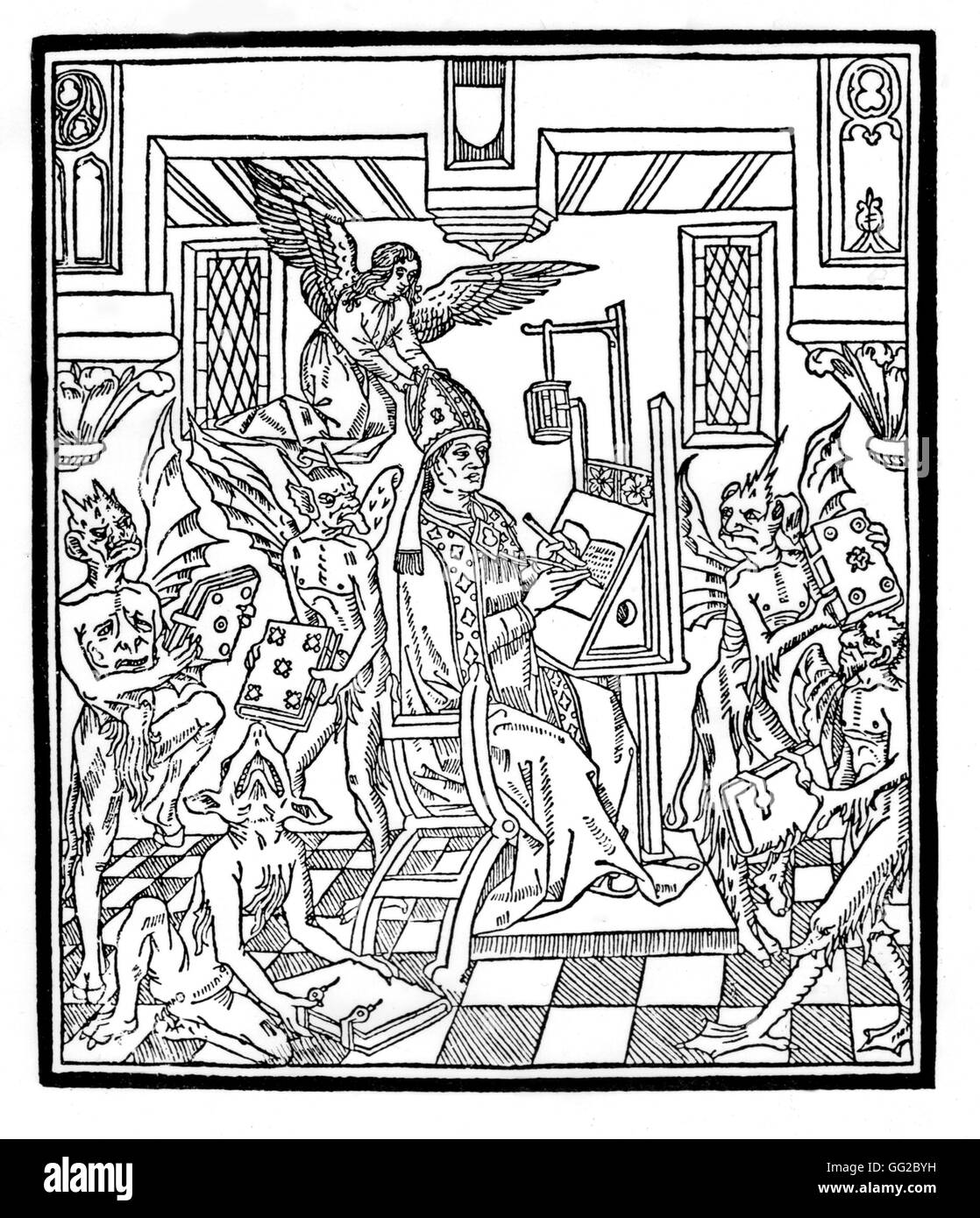 Saint Augustin, circondato da demoni, scrivendo "La città di Dio' incisione 1480 Paris - Foto Stock