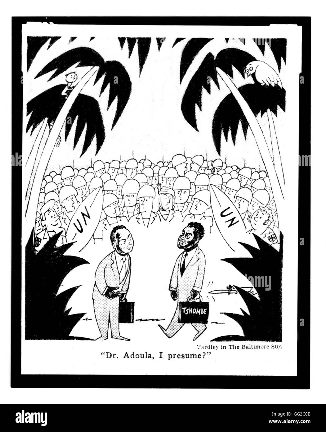 Cartoon pubblicato sul New York Times circa Tshombe e ONU 1962 Congo (Zaire) Foto Stock