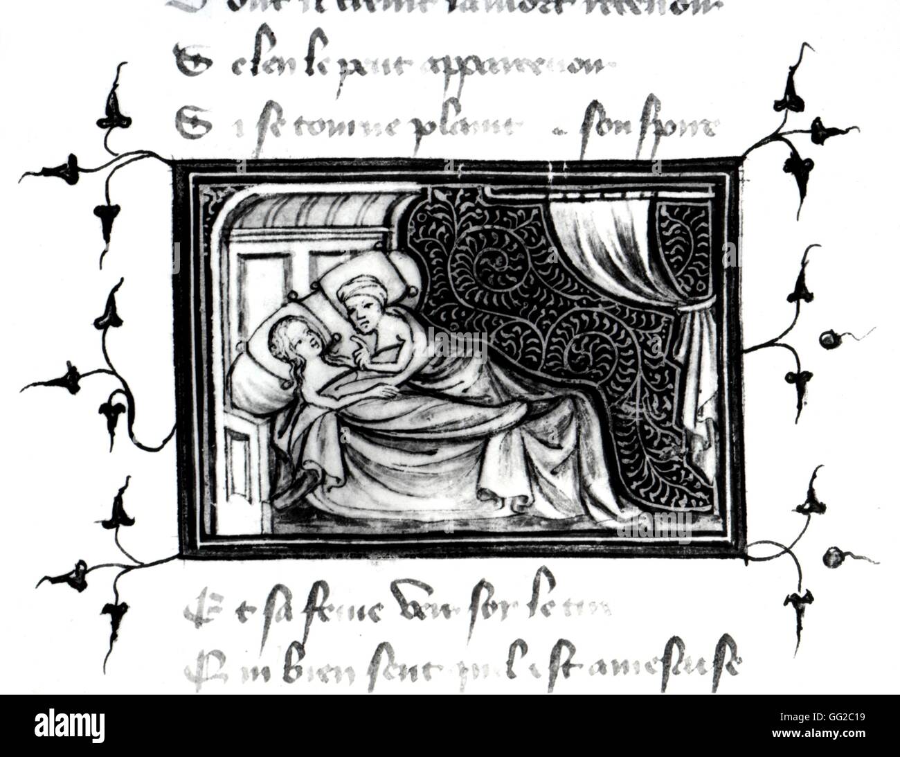Miniatura in 'Romance delle Rose', giovane nel letto del XIV cntury Francia biblioteca Bodleian Library Foto Stock