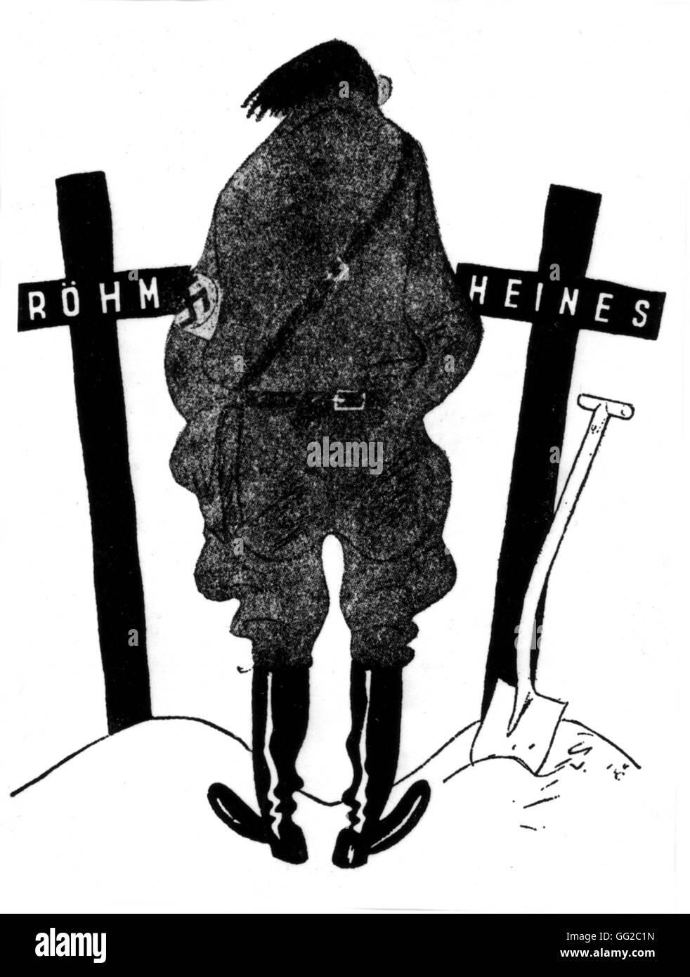 Vignetta satirica pubblicato in un giornale svizzero: "e il Führer disse: solo la morte può spingerci oltre" (evocazione della notte del 30 giugno 1934, noto come 'la notte dei lunghi coltelli') Germania Foto Stock