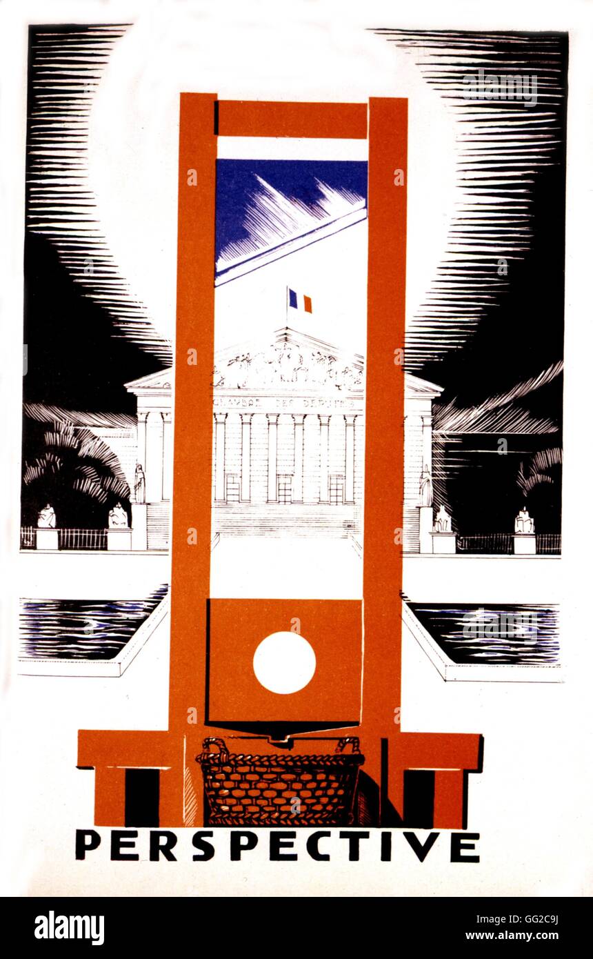 Disegno di Paul Iribe. 'Vista'. La camera dei deputati visto dietro una ghigliottina 1934 Francia Foto Stock