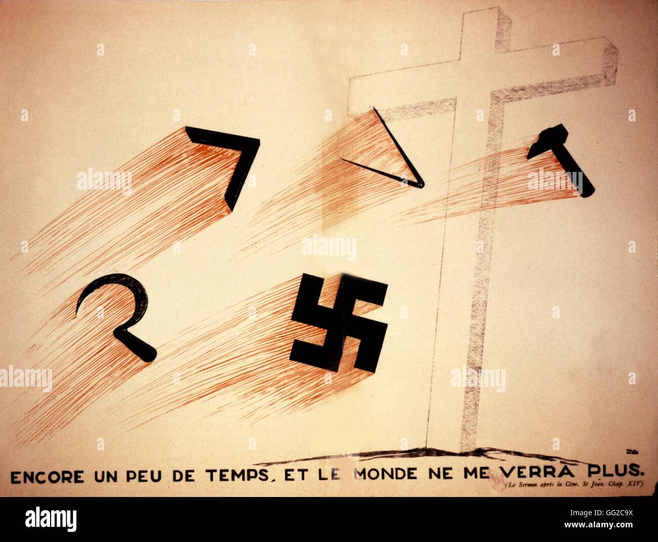 Disegno di Paul Iribe. La croce cristiana attaccato da la svastica, la falce e il martello, la bussola e il quadrato di Massoni 1934 Francia Foto Stock