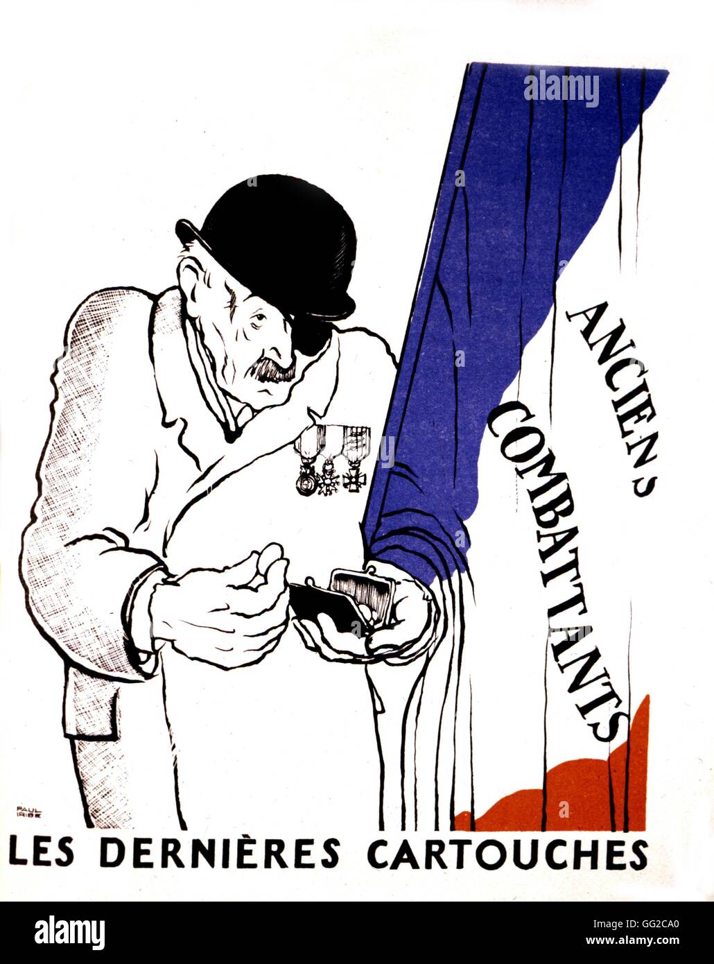 Disegno di Paul Iribe. Vignetta satirica sui veterani di guerra che hanno coltivato più povero 1934 Francia Foto Stock