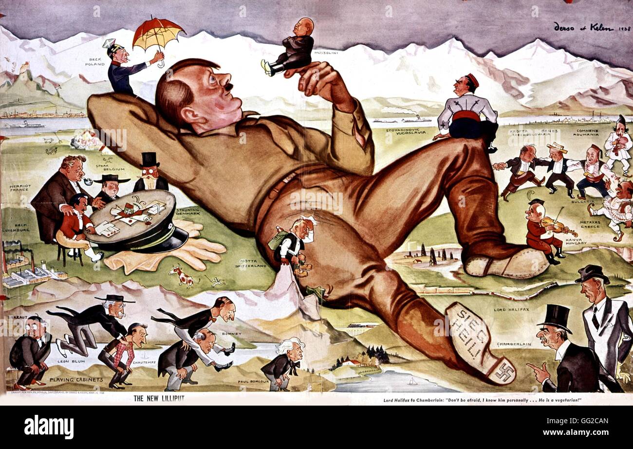 Vignetta satirica da Derso et Kelen. Durante la conferenza di Monaco, Hitler a giocare con tutti gli uomini di stato 1938 Germania Raccolta Kelen Foto Stock