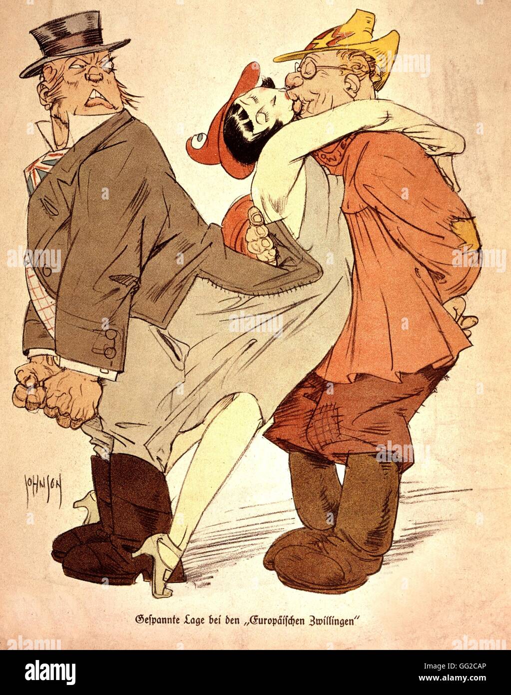 Tedesco cartoon satirico, Francia gettando le braccia round URSS il collo, mentre si gira il suo ritorno in Gran Bretagna 1935 Francia Parigi. Bibliothèque nationale Foto Stock