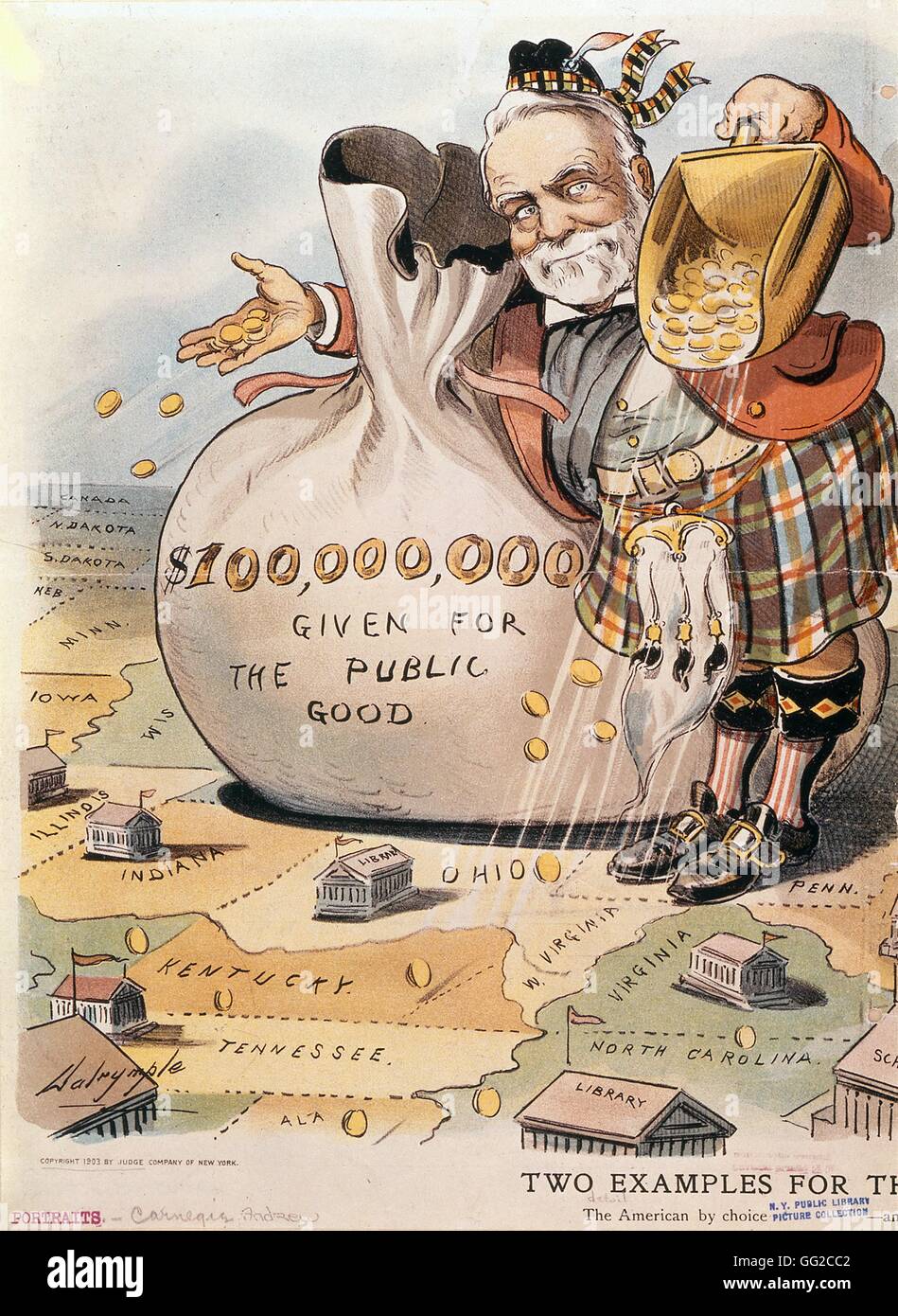Vignetta satirica contro il banchiere e uomo d affari Andrew Carnegie 1903 Stati Uniti New York. Biblioteca pubblica Foto Stock