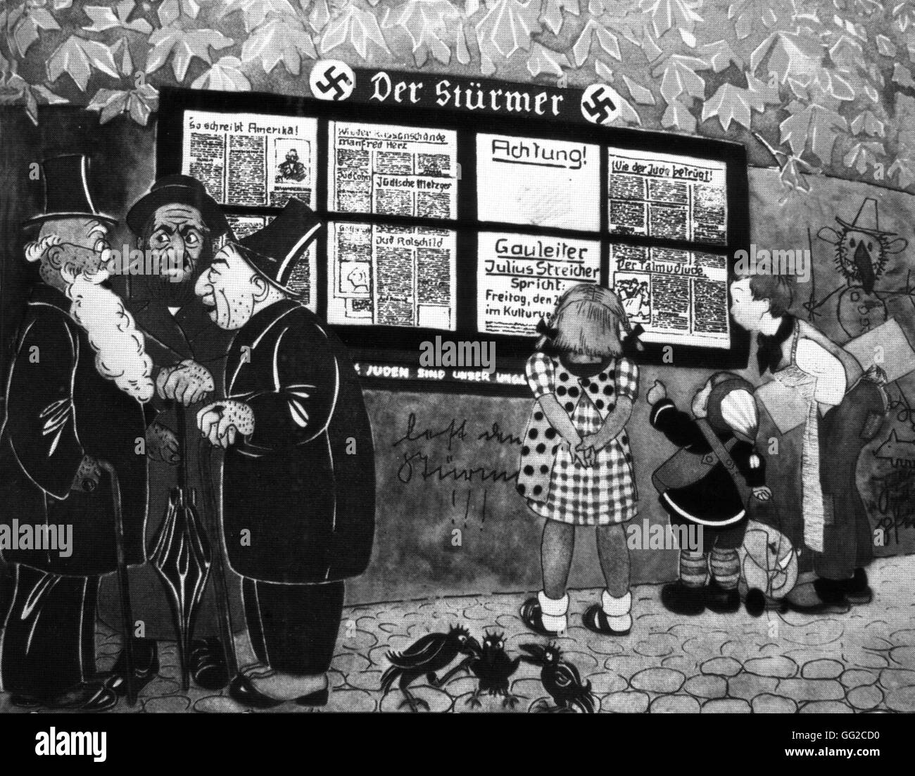 Anti-Semitic satirico di cartone animato da un libro illustrato per bambini: tre anziani ebrei guardando ariana dei bambini che hanno letto l'anti-semita quotidiano 'Der Stürmer" 1935-1936 Germania Foto Stock