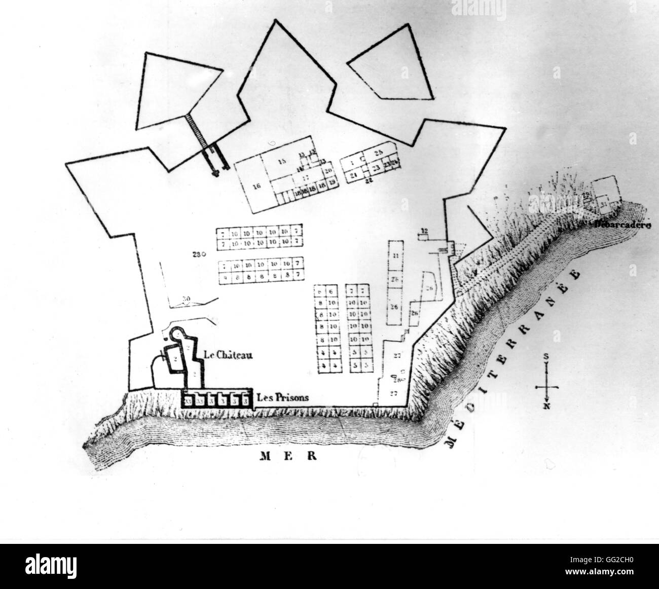 Blueprint della fortezza reale di Ste. Marguerite isola dove l'uomo nella mascherina del ferro è stato imprigionato (romanzo di Alexandre Dumas) 1692 Francia Foto Stock