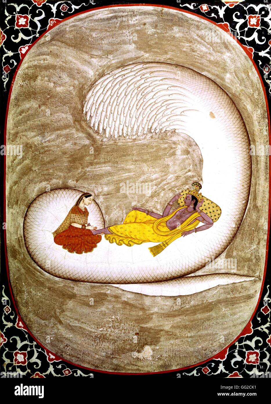 Miniatura che rappresenta un paio di Vishnu e Lakshmi su Sesha, snake con 1 000 capi del xviii secolo India collezione privata Foto Stock