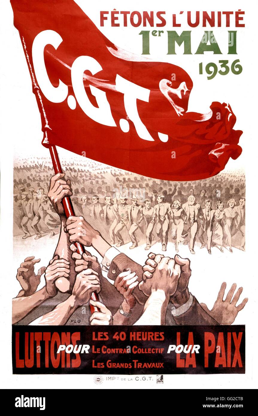 Poster del C.G.T., francese (Confederazione Generale del Lavoro) chiamando per dimostrare il 1 maggio 1936. Foto Stock