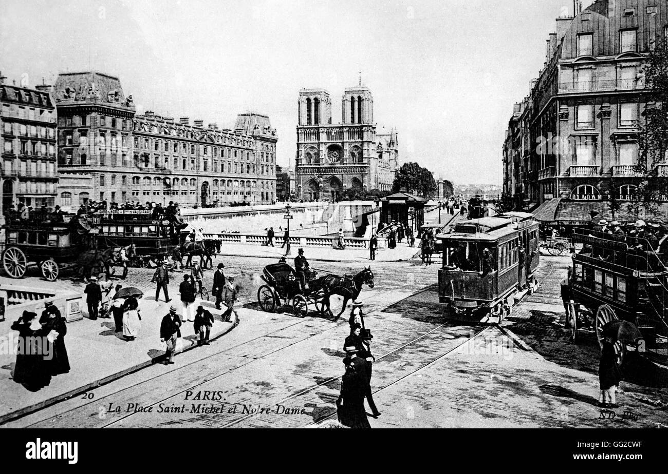 Il Saint Michel square e la Cattedrale di Notre Dame a Parigi vicino a 1900 Francia Foto Stock