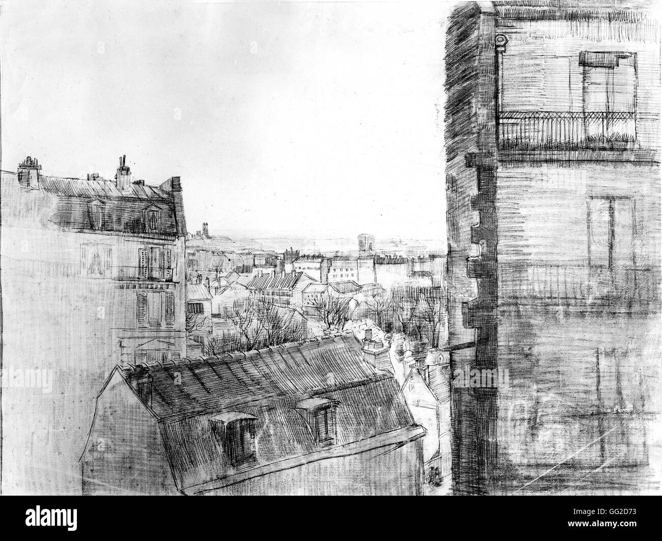 Vincent van Gogh scuola olandese vista di Parigi dal Van Gogh camera da letto di carbone 1886-1887 e penna collezione privata Foto Stock