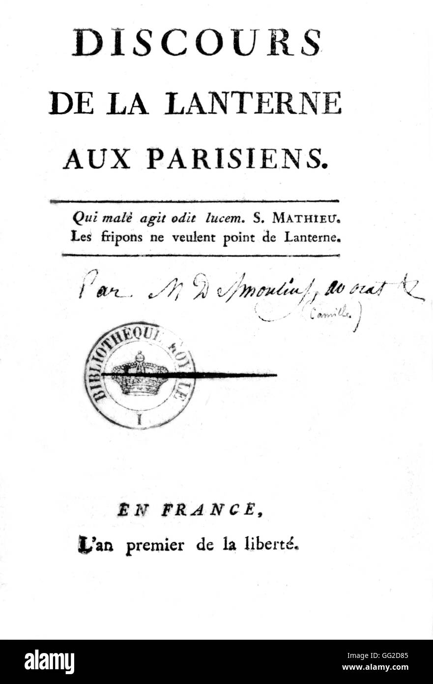 Prima pagina di 'La lampada-post intervento' da Camille Desmoulins 1789 Francia - La rivoluzione del 1789 Parigi. Biblioteca nazionale Foto Stock