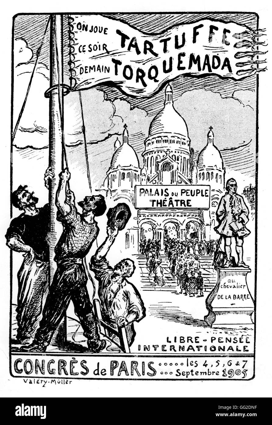 La separazione tra stato e chiesa: Caricatura di Valery Muller contro la Chiesa riguardo la conferenza freethinking Settembre 1905 Francia Foto Stock