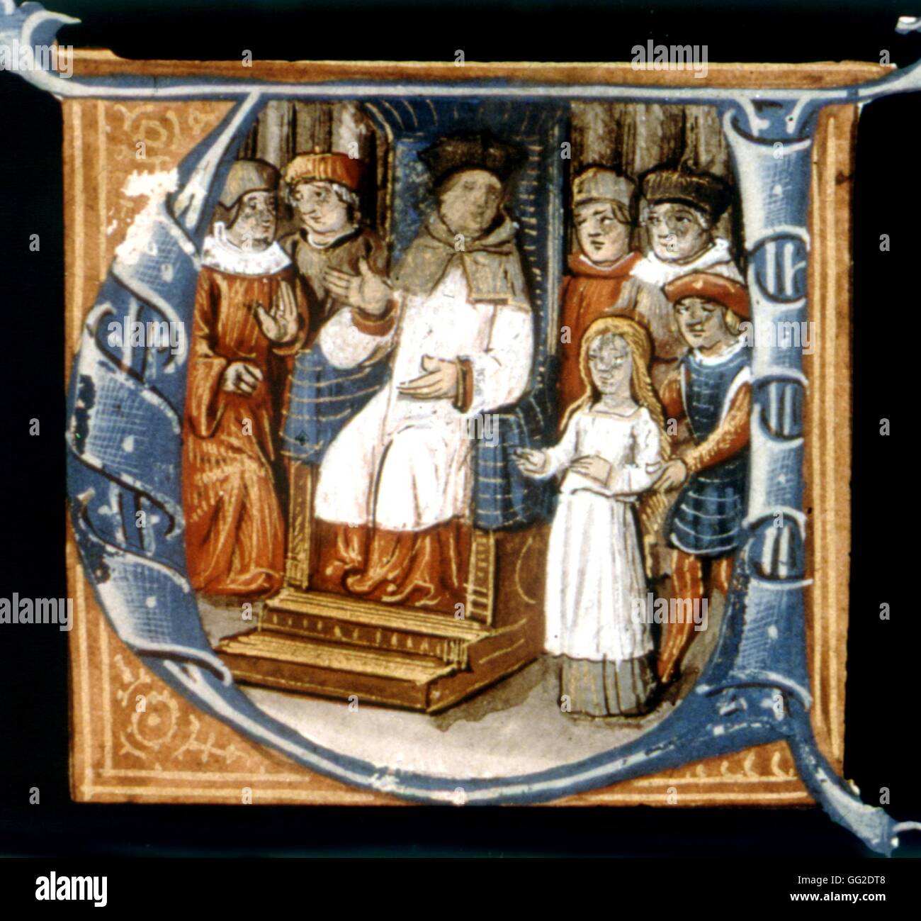 Anonimo Manoscritto latino, Giovanna d'arco di fronte ai suoi giudici del XIII secolo Francia Foto Stock