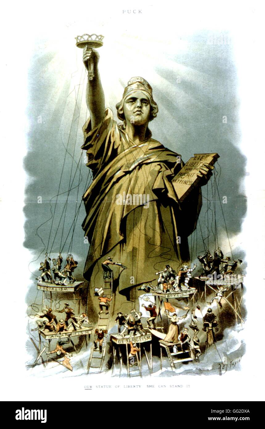 La caricatura pubblicato nel 'Puck" raffigurante il giorno di maggio manifestazione a Chicago, 1886 Origini del giorno di maggio. La Statua della Libertà e la costituzione degli Stati Uniti. 1886 Stati Uniti Washington. La biblioteca del congresso Foto Stock