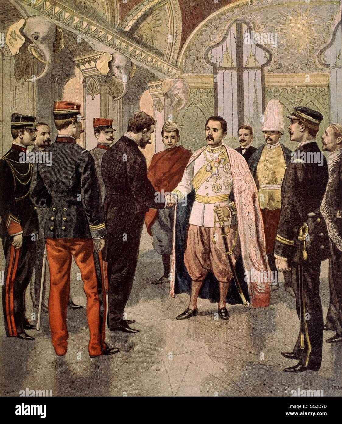 Il presidente francese della Repubblica Paul Doumer ricevendo il re del Siam nel "Le Petit Journal illustré" 1898 Francia - Colonizzazione collezione privata Foto Stock