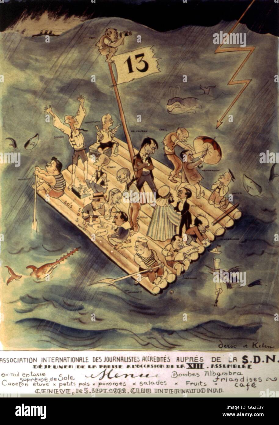 La caricatura di Derso et Kelen. Xiii assemblea della lega delle nazioni. Menu formato per i giornalisti' associazione internazionale 1932 Lega delle Nazioni New York, raccolta Kelen Foto Stock