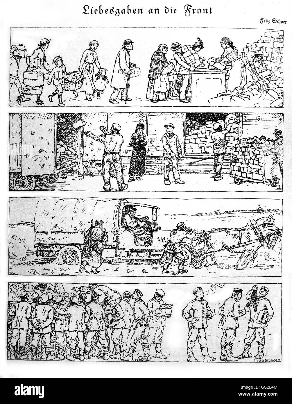 Incisione di Fritz Schoen inviare pacchi alla parte anteriore della Germania, I Guerra Mondiale B.D.I.C. Foto Stock