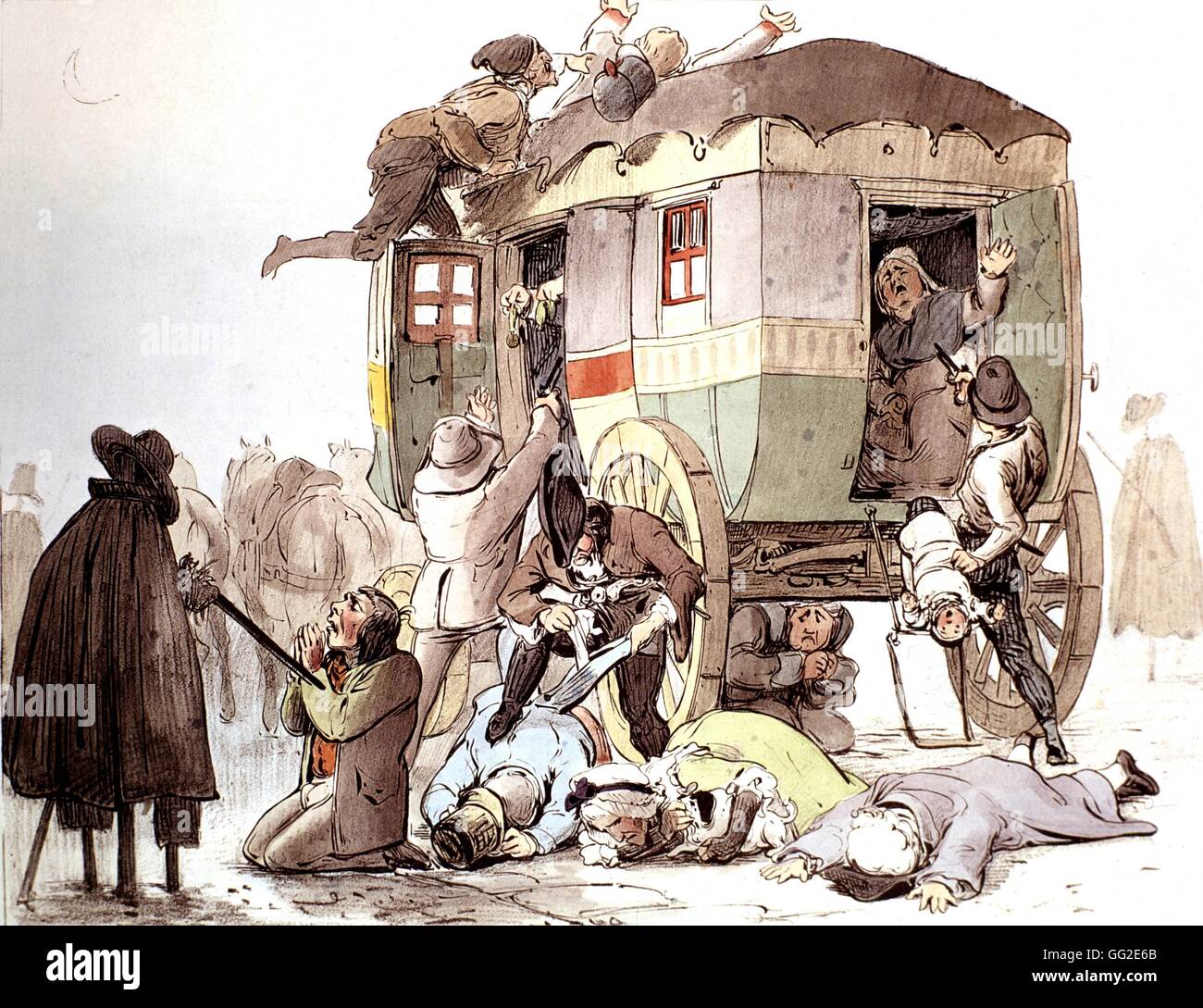 Le Prince. Gli svantaggi di stagecoach in viaggio : bandit attaccare la Francia, 1826 Compiègne, Musée de la voiture Foto Stock
