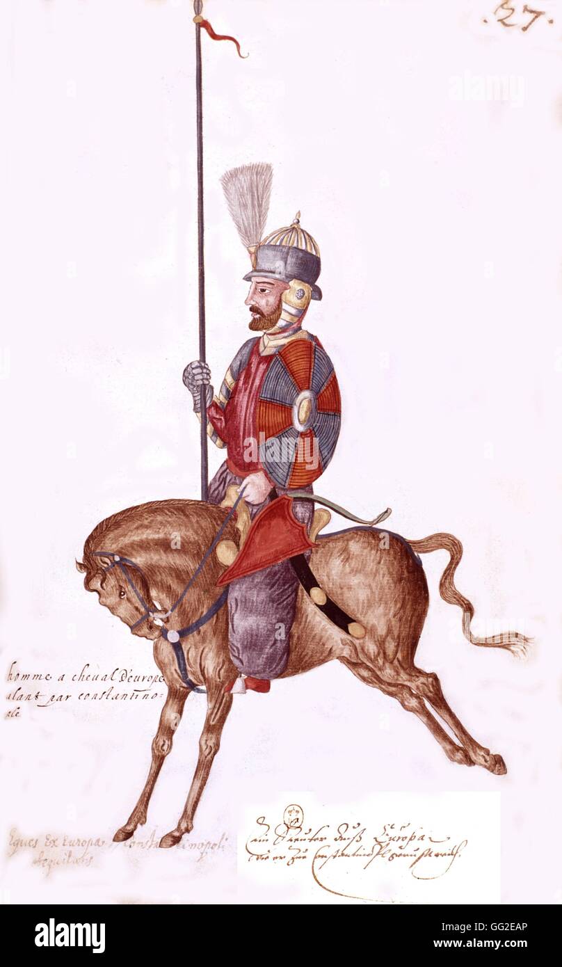 Soldato turco tenendo un luccio nella parte anteriore di un signore 1573 Turchia Foto Stock