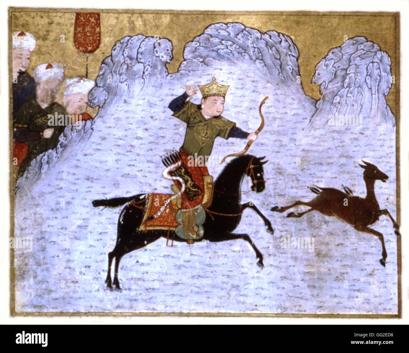 Il persiano manoscritto illustrato con 106 dipinti: 'Jami'al' Tawarikh da Rachid ad-Dîn (Storia dei Mongoli). Ghazan Khan andando a caccia di scuola persiano del XIV secolo Foto Stock