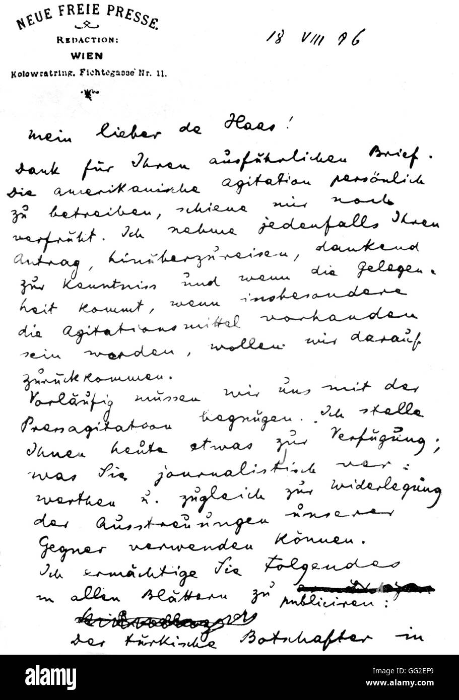 Lettera di Herzl negando l'espulsione dei palestinesi, pagina 1 Agosto 18, 1896 la Palestina, il Sionismo Bibliothèque de l'alliance israélite universelle Foto Stock