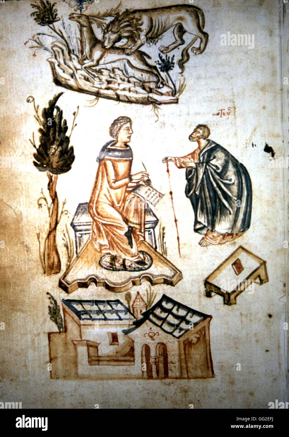 Antica medicina, consultazione medica 14-15th secoli di Parigi in miniatura. Bibliothèque de l'école de médecine Foto Stock