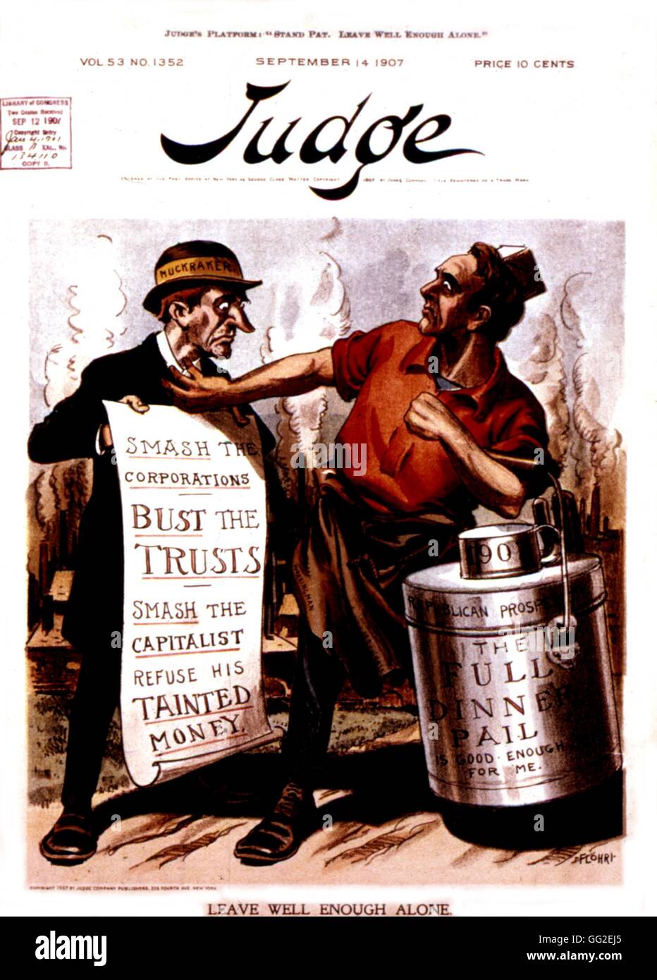 Vignetta satirica in "giudice" circa un giornalista di nome Muckraker e la sua campagna contro il trust e capitalisti 1907 Stati Uniti Washington. La biblioteca del congresso Foto Stock