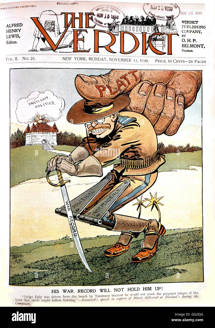 Vignetta satirica in 'Il verdetto' contro Theodore Roosevelt e Emendamento Platt 1899 Stati Uniti Washington. La biblioteca del congresso Foto Stock
