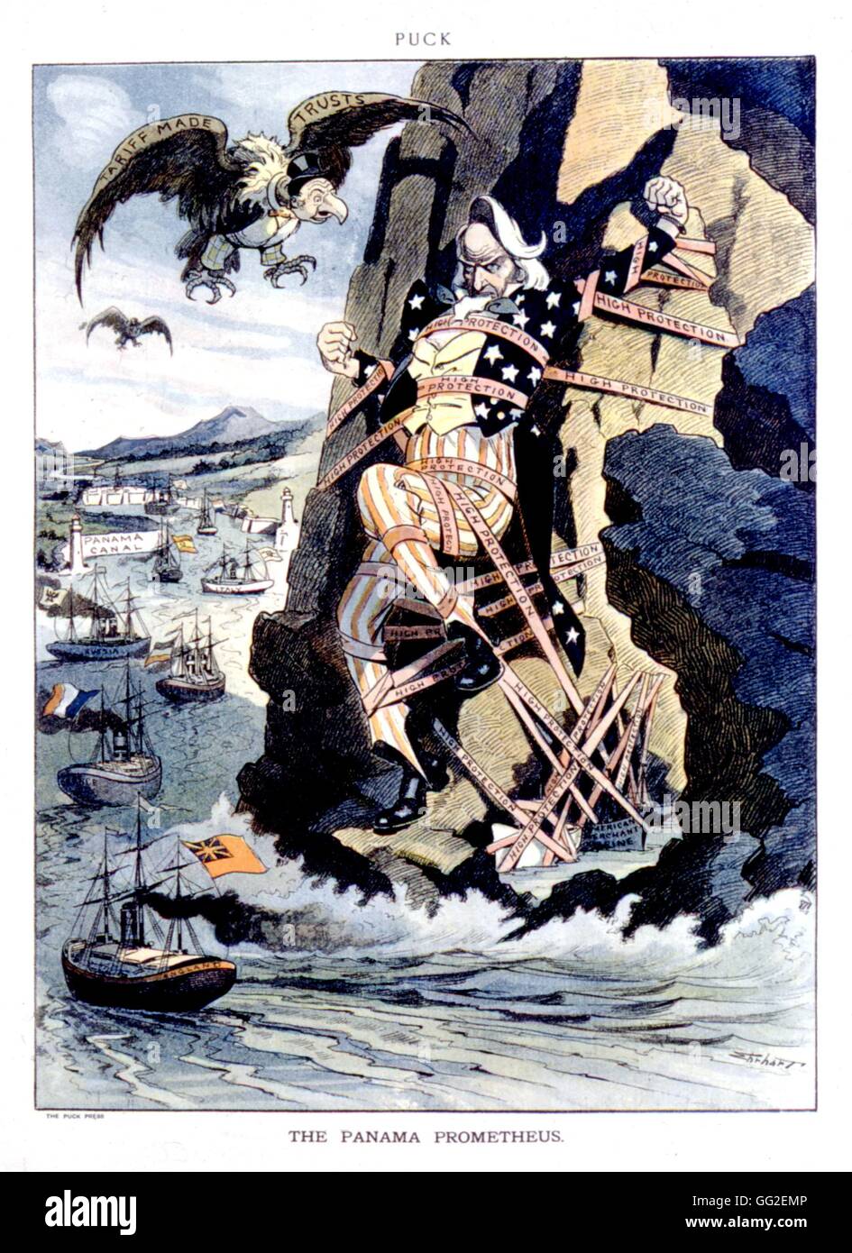 Vignetta satirica in 'Puck': lo zio Sam, mettere in catene, guardando le navi passando nel canale di Panama 1912-1913 Stati Uniti Washington. La biblioteca del congresso Foto Stock