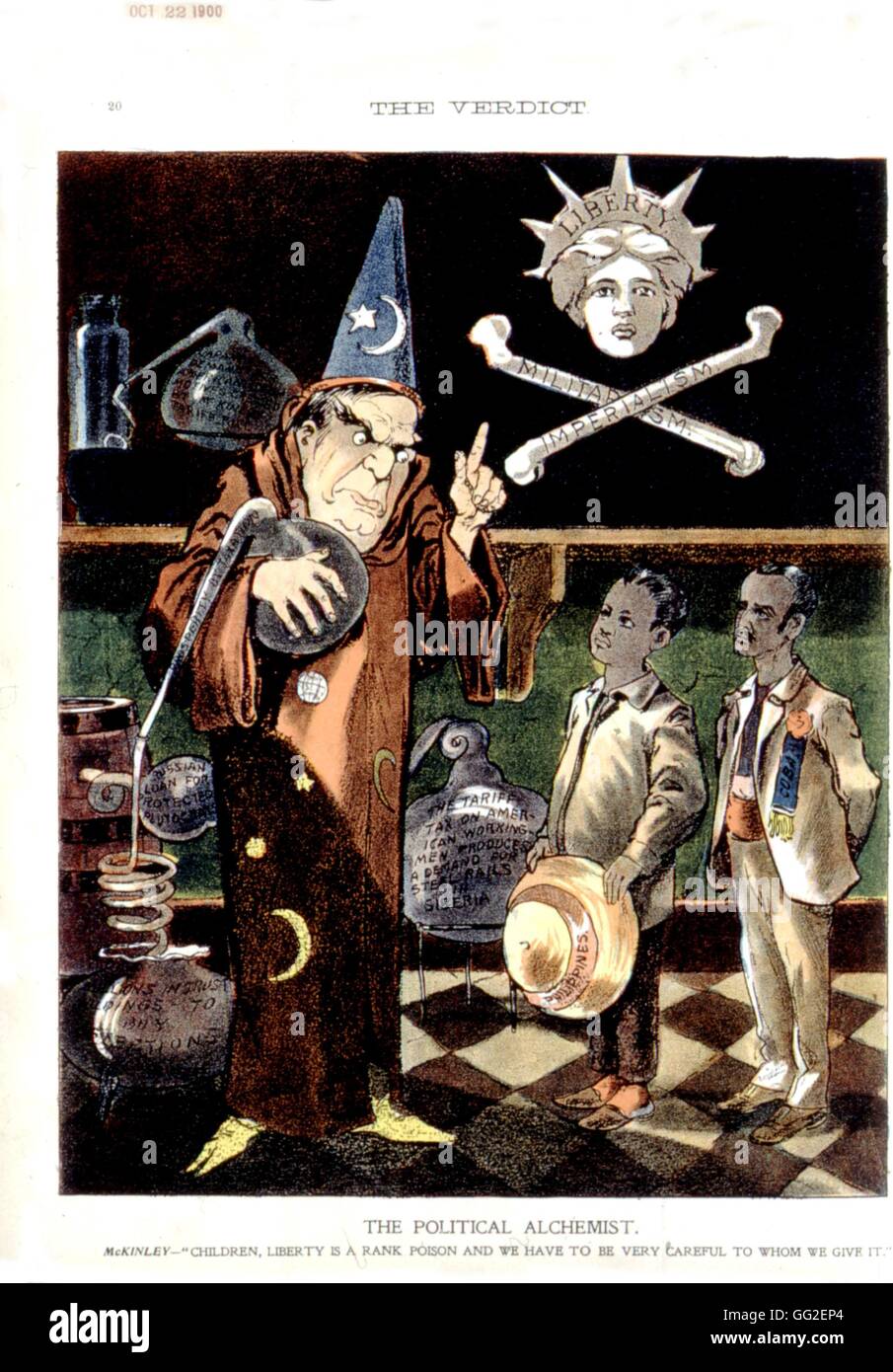 Vignetta satirica in 'Il verdetto': Liberty concessi dagli Stati Uniti per le Filippine e Cuba. McKinley vestito come una procedura guidata. Ottobre 22, 1900 Stati Uniti Washington. La biblioteca del congresso Foto Stock