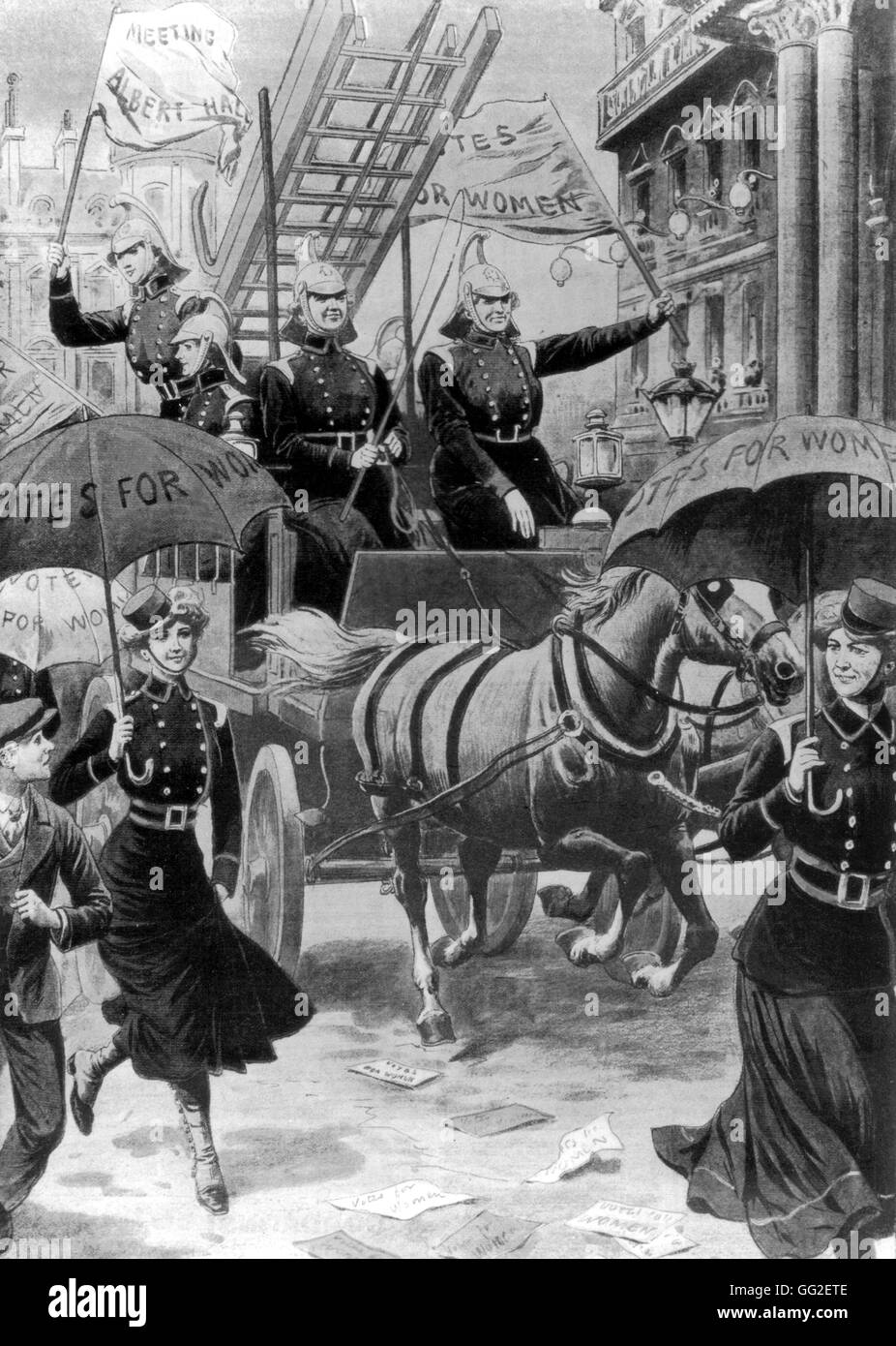 Il suffragettes dimostrando lungo le strade di Londra, vestito come vigili del fuoco 1910 Gran Bretagna Parigi. Bibliothèque nationale Foto Stock