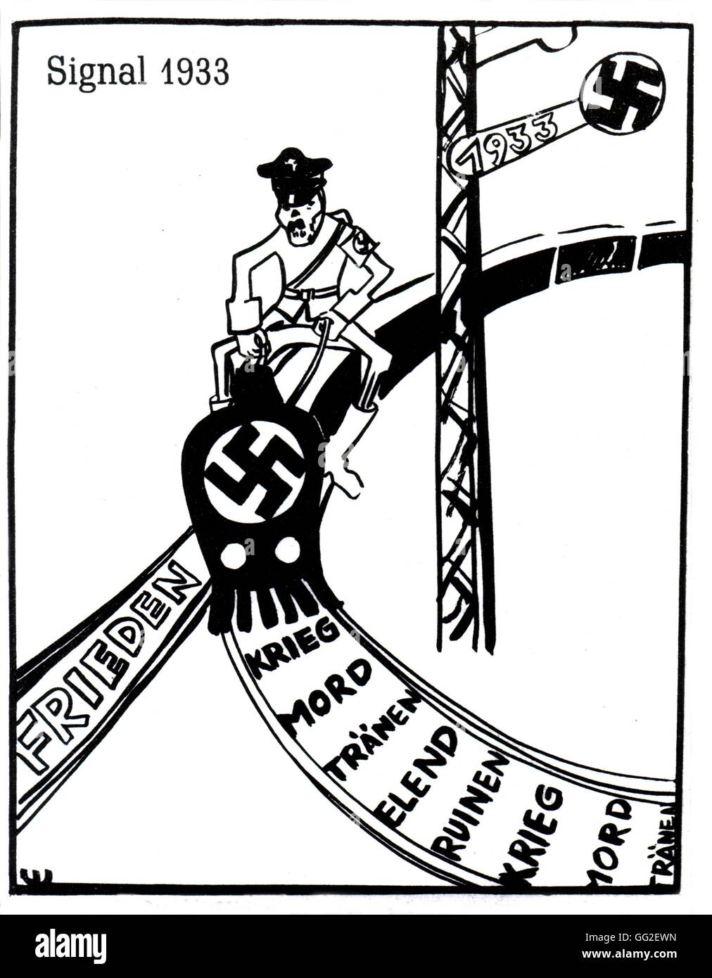 Vignetta satirica da Wolfe: "cambiando direzioni' 1933 Germania Parigi. Bibliothèque nationale Foto Stock