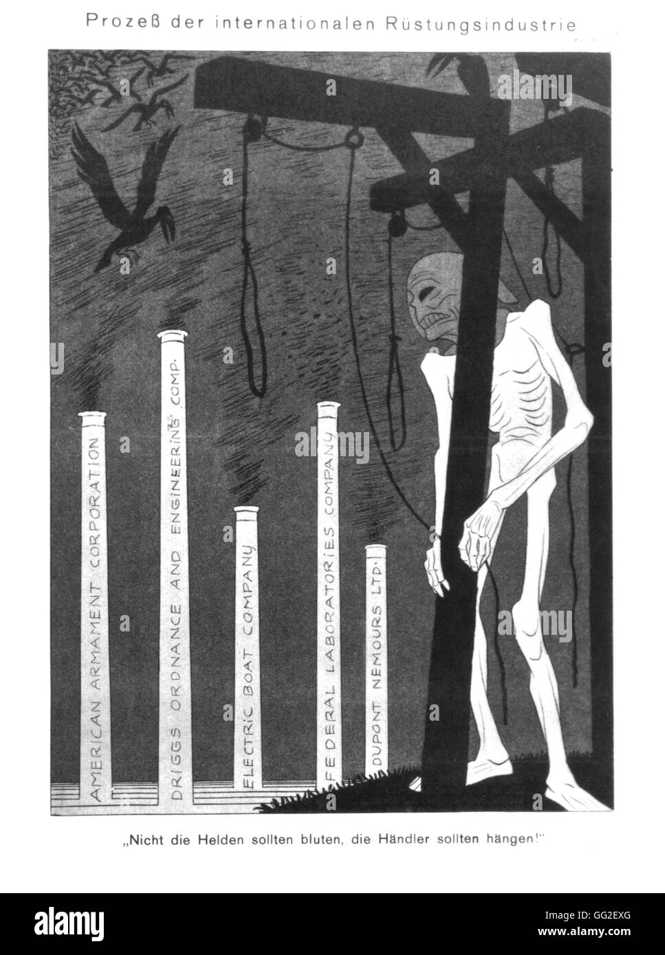 Vignetta satirica da Karl Arnold. Prova della international industria degli armamenti. "Gli eroi non dovrebbero essere abbattuti, ma i commercianti di armi dovrebbe essere impiccato". 1934 Stati Uniti Foto Stock