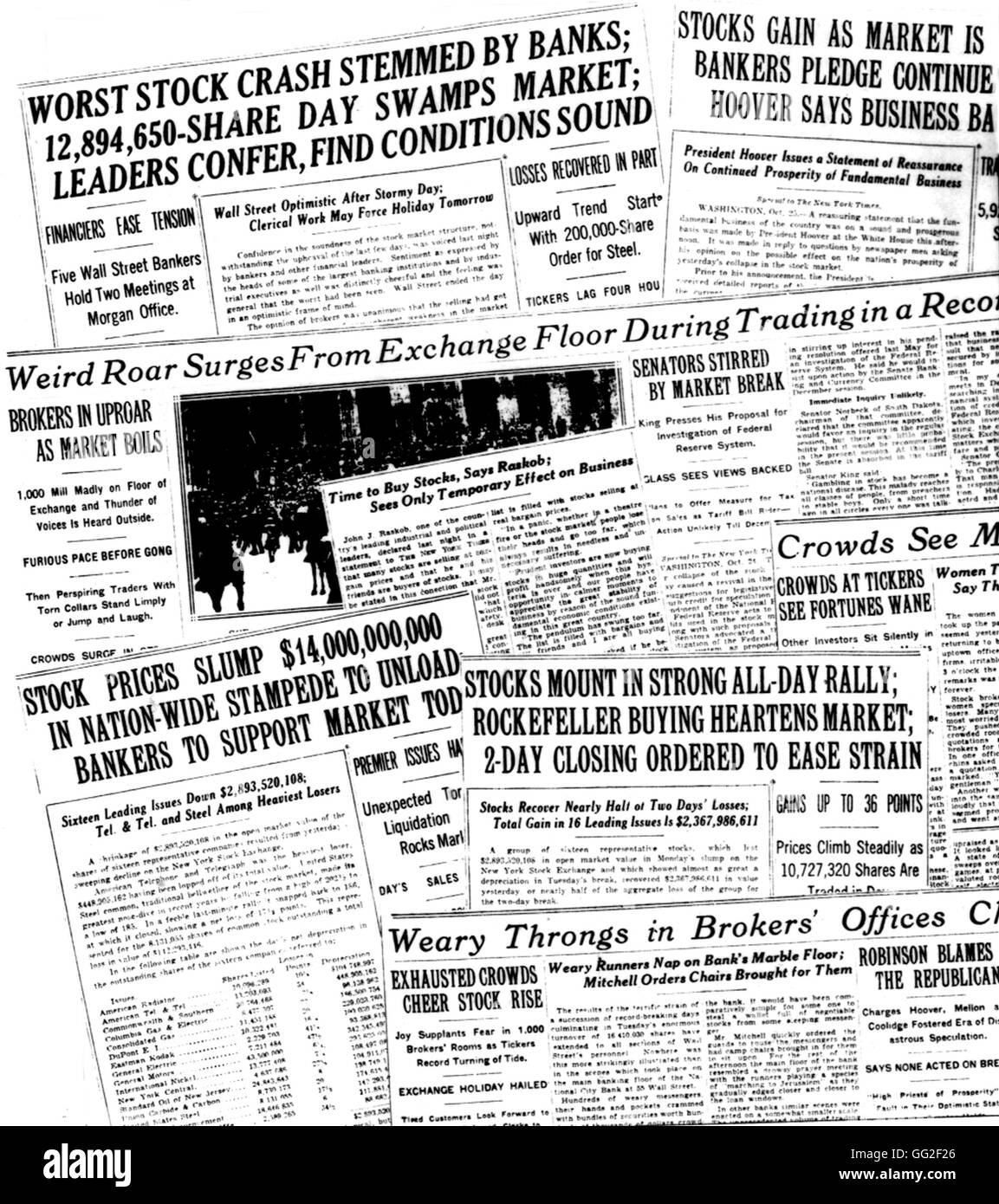 New York. Varie prime pagine dei quotidiani durante il Wall Street crisi 1929 Stati Uniti New York. Biblioteca pubblica Foto Stock