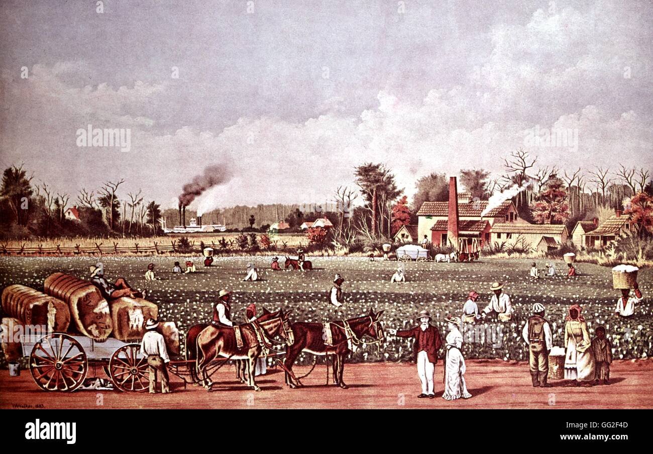 Litografia da Currier e Ives. Una piantagione di cotone lungo il fiume Mississippi del XIX secolo gli Stati Uniti Foto Stock