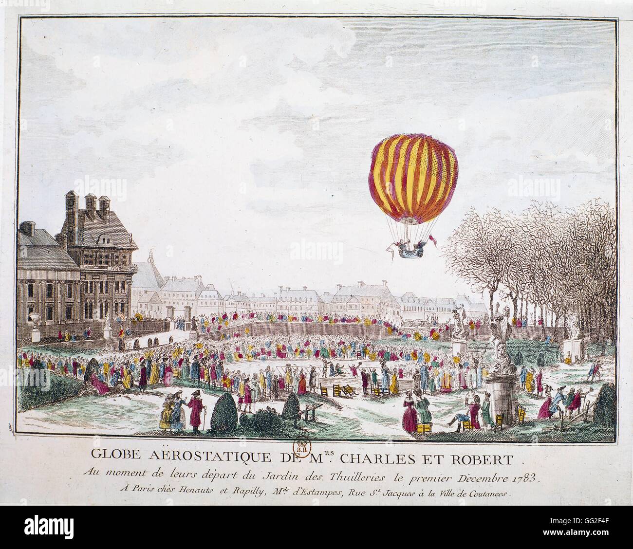 La partenza dei signori Charles e Robert della balloon. Parigi. Jardin des Tuileries Dicembre 1, 1783 Francia Parigi. Bibliothèque nationale Foto Stock