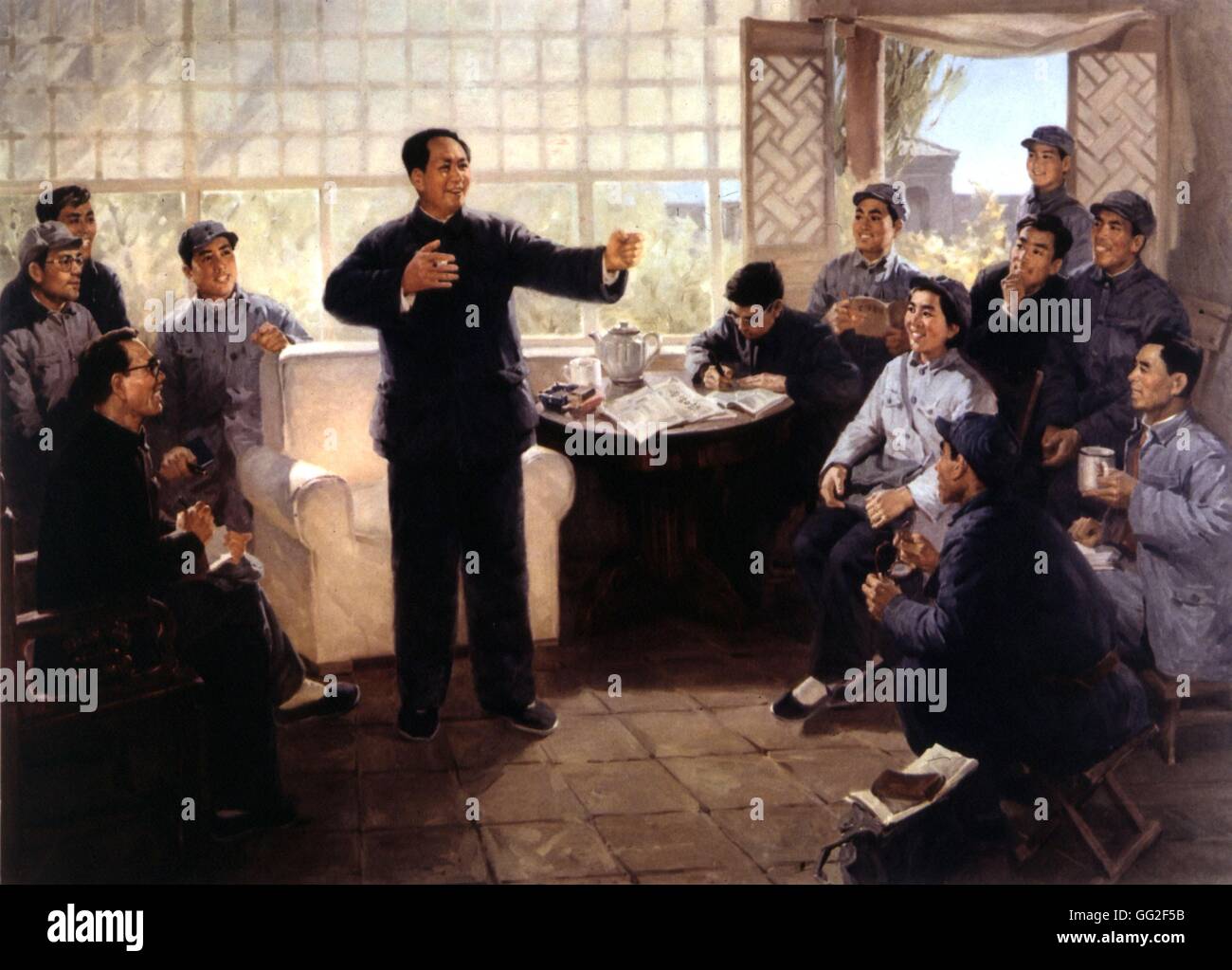 Mao Tse Tung con i giornalisti del 'Chansi-Souci Yuan' quotidiano. Il tempo della guerra di liberazione per migliorare il rivoluzionario premere 1948 Cina Foto Stock