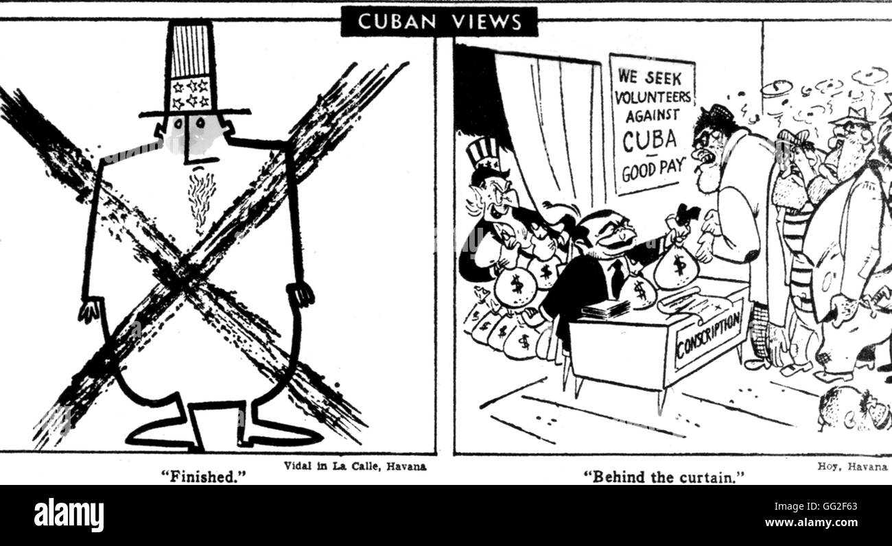 In atterraggio a Baia dei maiali. Vignette satiriche, rilasciati in un giornale cubano, denunciando intervento americano in Cuba 1961 Cuba Foto Stock