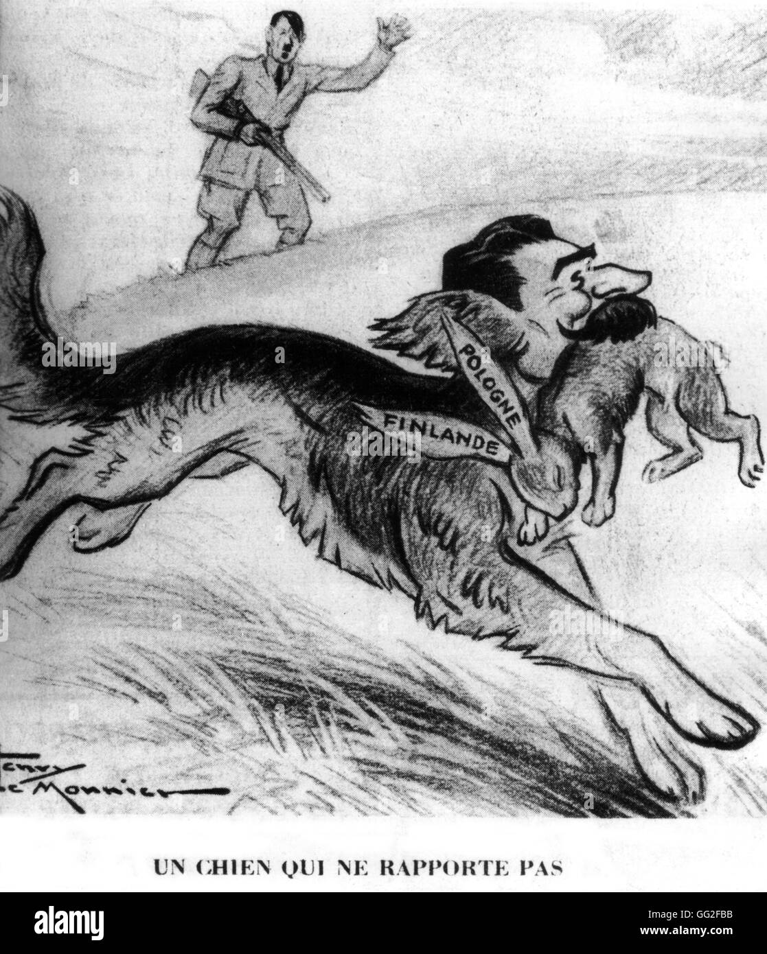 Vignetta satirica da Henri Le Monnier, pubblicato in 'Marianne': Hitler a caccia di Stalin, che è in funzione di distanza con la Polonia e Finlandia 13 dicembre 1939 FRANCIA - SECONDA GUERRA MONDIALE Foto Stock