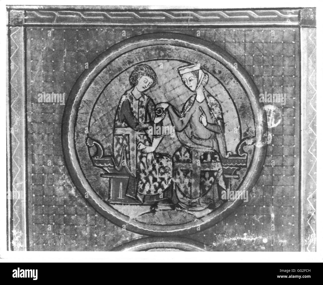 Miniatura in 'Il romanticismo della pera': il cavaliere e la sua signora Medioevo Francia Foto Stock