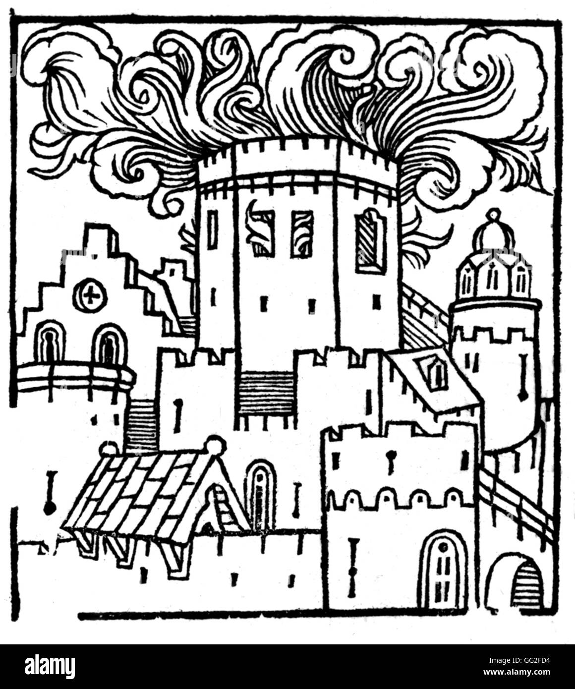 Chroniques de France : " dalla condanna ot Templari sotto Filippo il Bello (1285-1314). / Castle on Fire incisione 1493 Francia Foto Stock