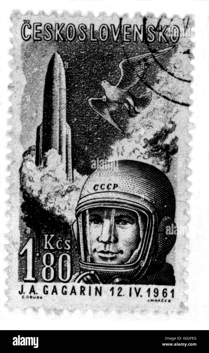 Francobollo celebra Yuri Gagarin il volo spaziale 1961 Cecoslovacchia Foto Stock