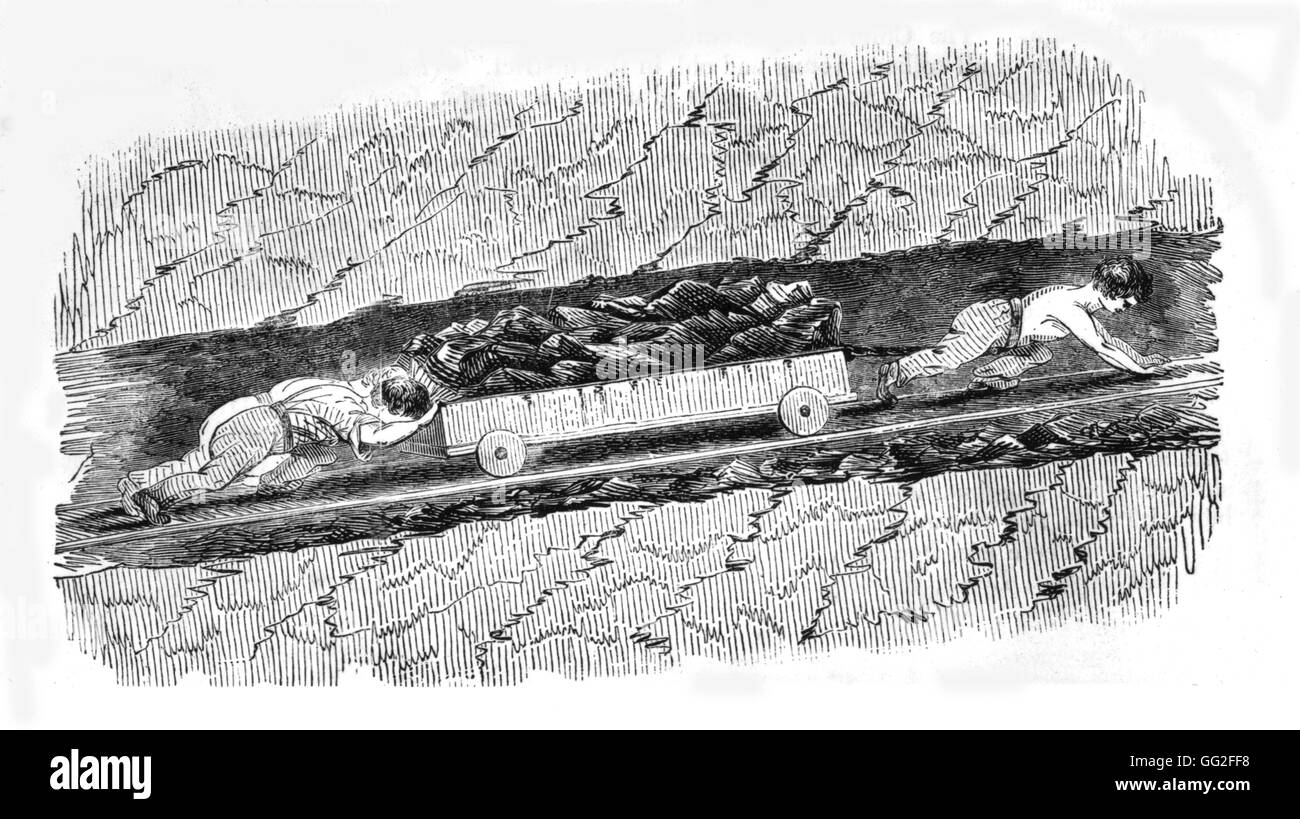Il lavoro minorile nelle miniere di carbone. In 'Le Magasin pittoresco' 1842 Inghilterra Foto Stock