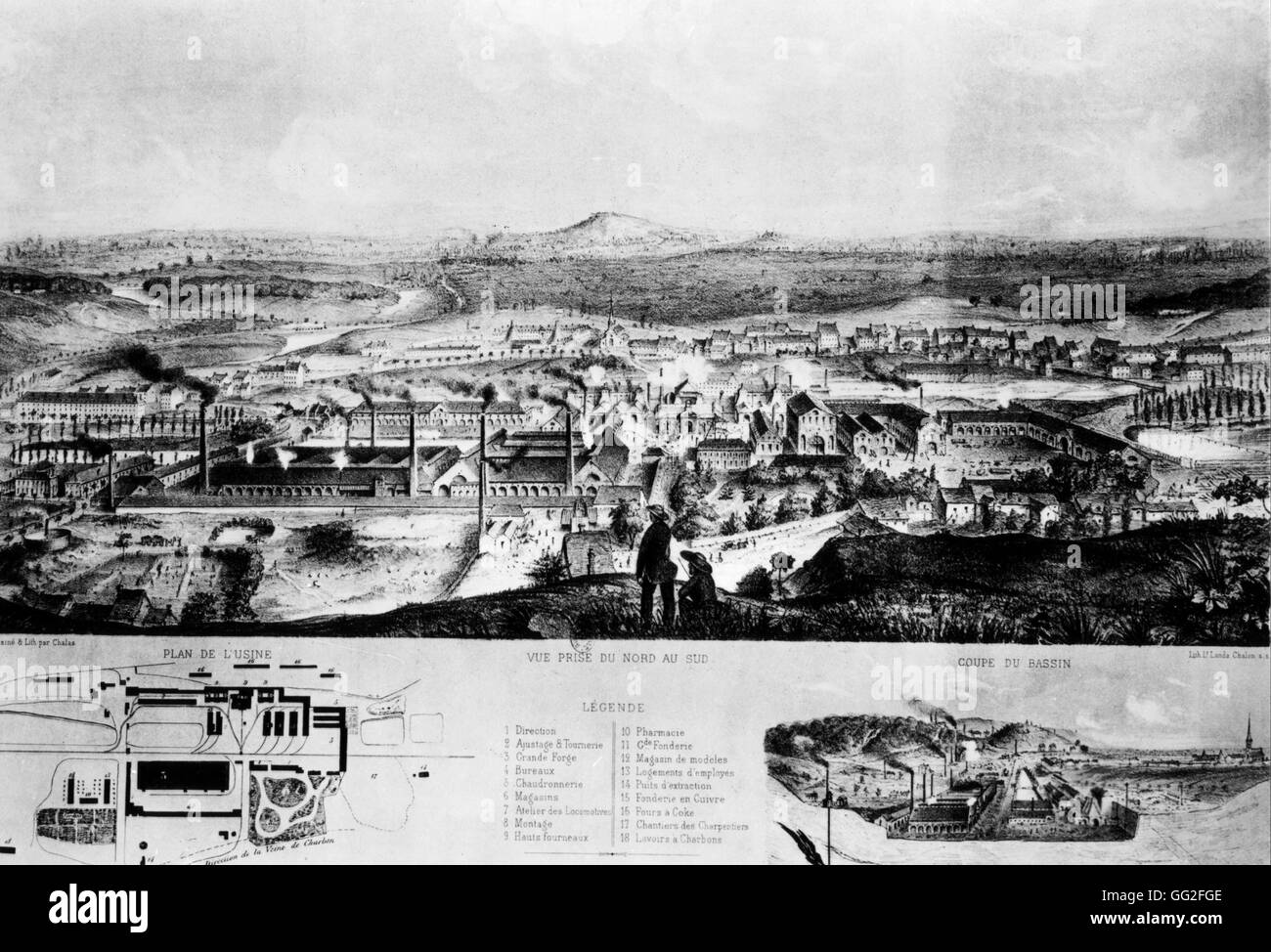 Litografia da Chalas. Le Creusot. Vista generale. Piano di fabbrica e la sezione del bacino del XIX secolo in Francia Foto Stock