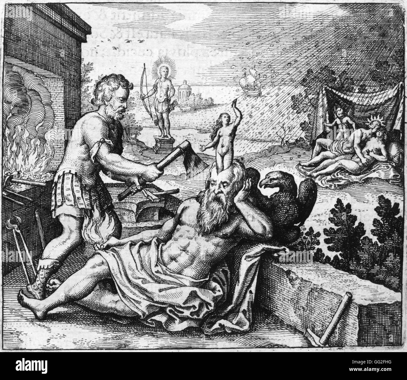 Michael Maier scuola tedesca Nascita di Pallas da Zeus' testa. In background, di Venere e di Apollo. 1618 incisione da 'Atalanta Fugiens' o 'Atalanta in fuga" Foto Stock