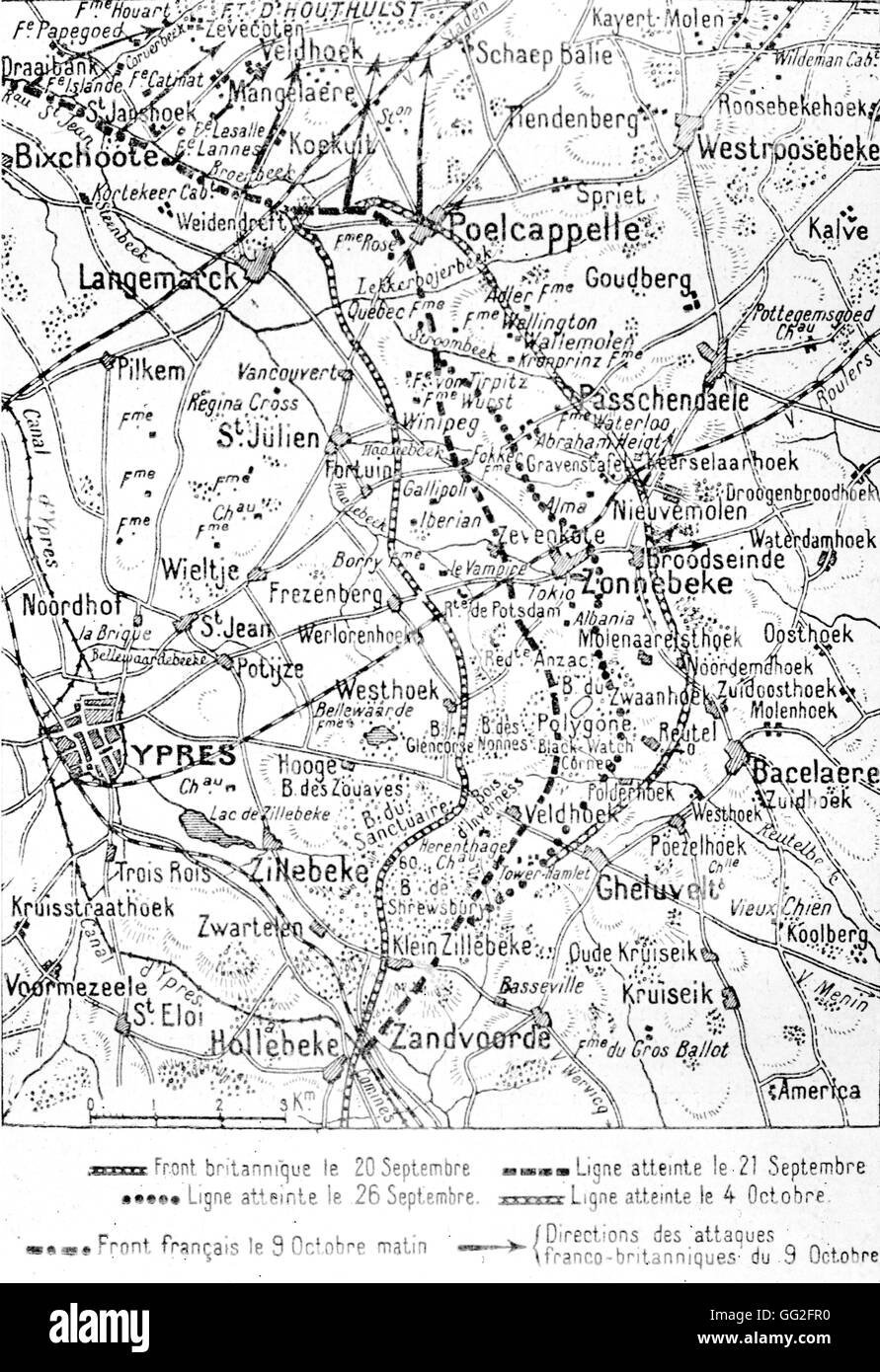 La prima guerra mondiale. Mappa di Frist Battaglia di 'Ypres (settembre-ottobre 1914) mostra l'attacco franco-britannique. Foto Stock