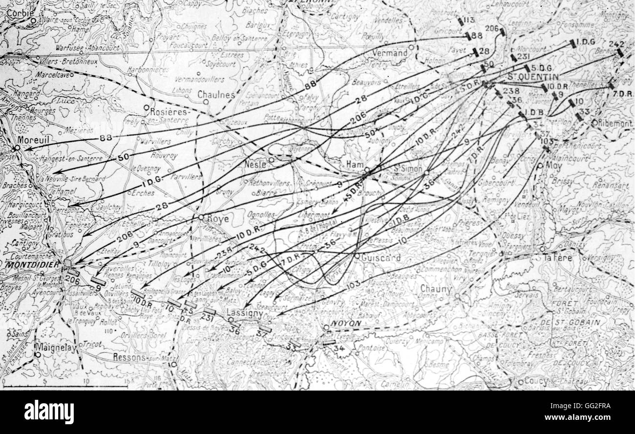La prima guerra mondiale. Mappa della Battaglia del Aisne: il tedesco anticipo tra Noyon e Montdidier. Itinerari di identificare alcune divisioni. Foto Stock