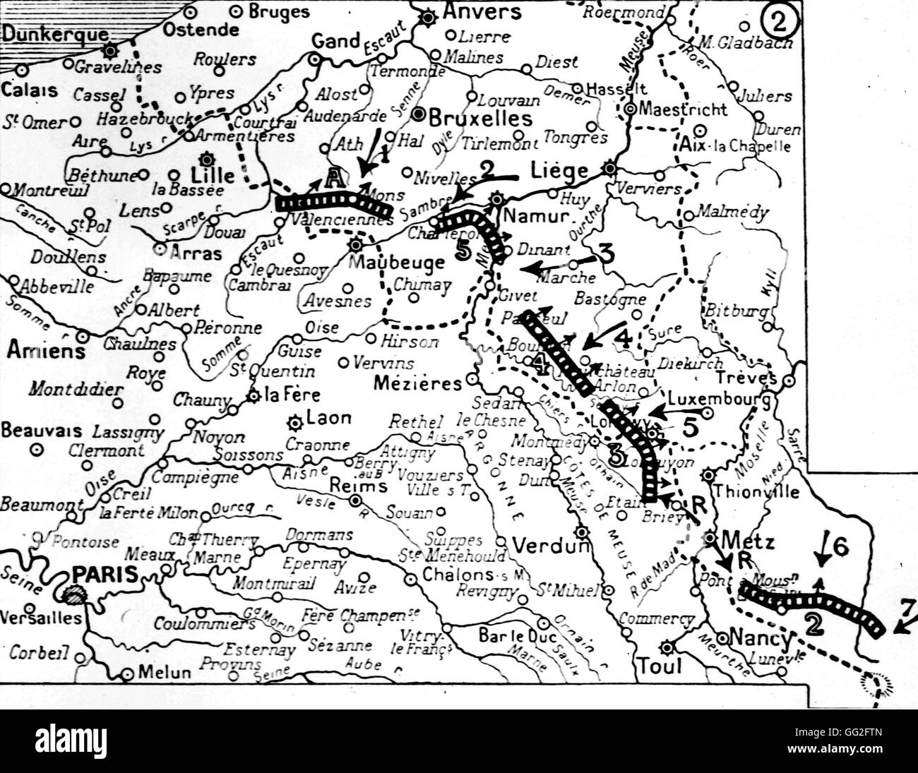La prima guerra mondiale. Mappa di la prima battaglia generale ha avuto luogo 20 al 23 agosto 1914. Foto Stock
